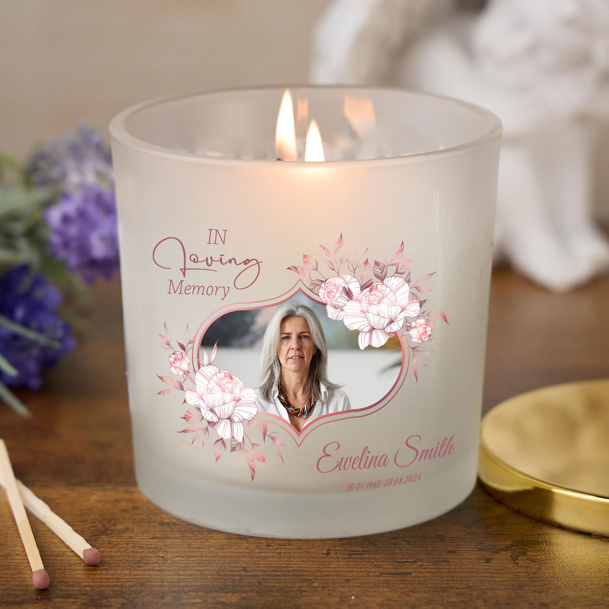 Personalised Condolence Sympathy gift Candle With Photo and Rose Gold Flowers