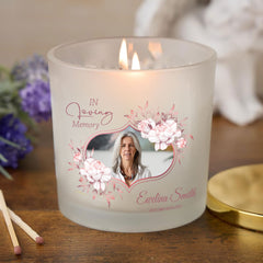 Personalised Condolence Sympathy gift Candle With Photo and Rose Gold Flowers