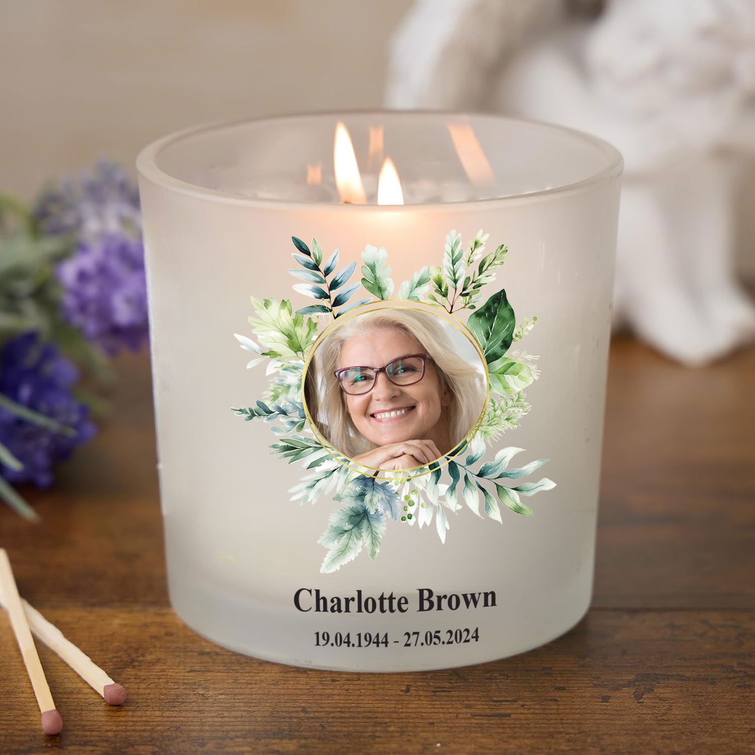 Personalised Condolence Sympathy gift Remembrance Candle With Photo And Floral Frame