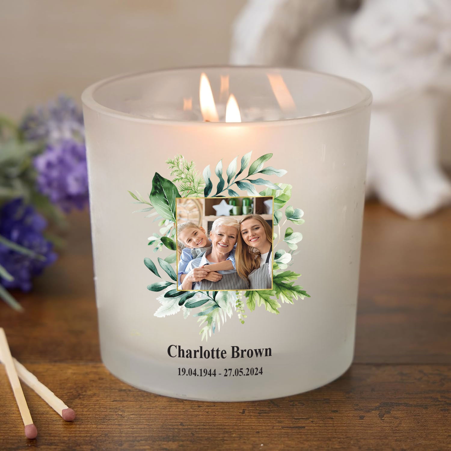 Personalised Condolence Sympathy gift Remembrance Candle With Photo And Leaf Frame