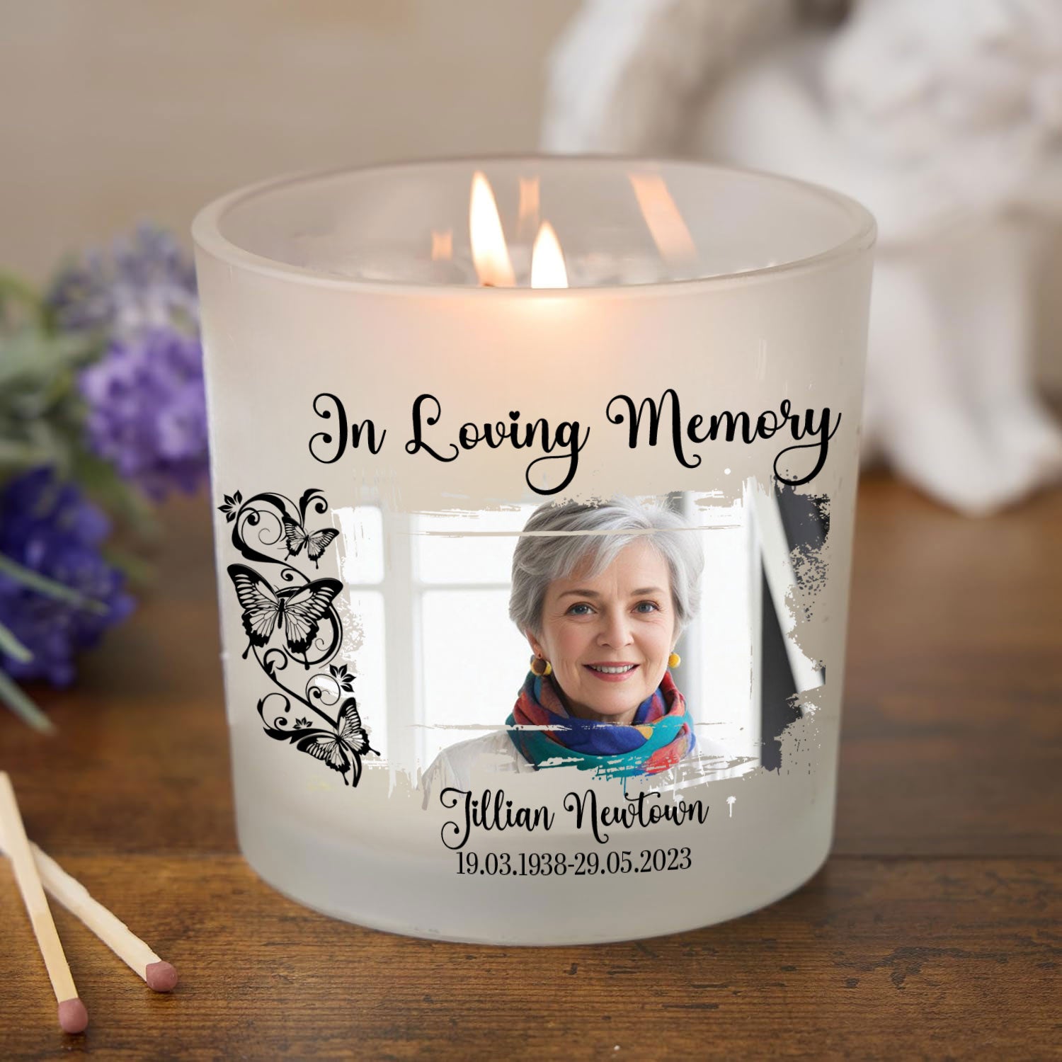Personalised Condolence Sympathy gift Remembrance Candle With Photo and Butterflies