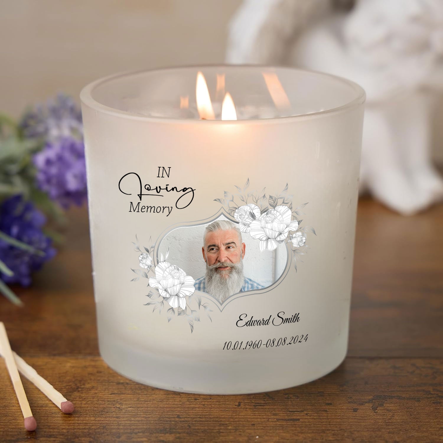 Personalised Condolence Sympathy gift Candle With Photo and Grey Flowers