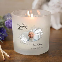 Personalised Condolence Sympathy gift Candle With Photo and Grey Flowers