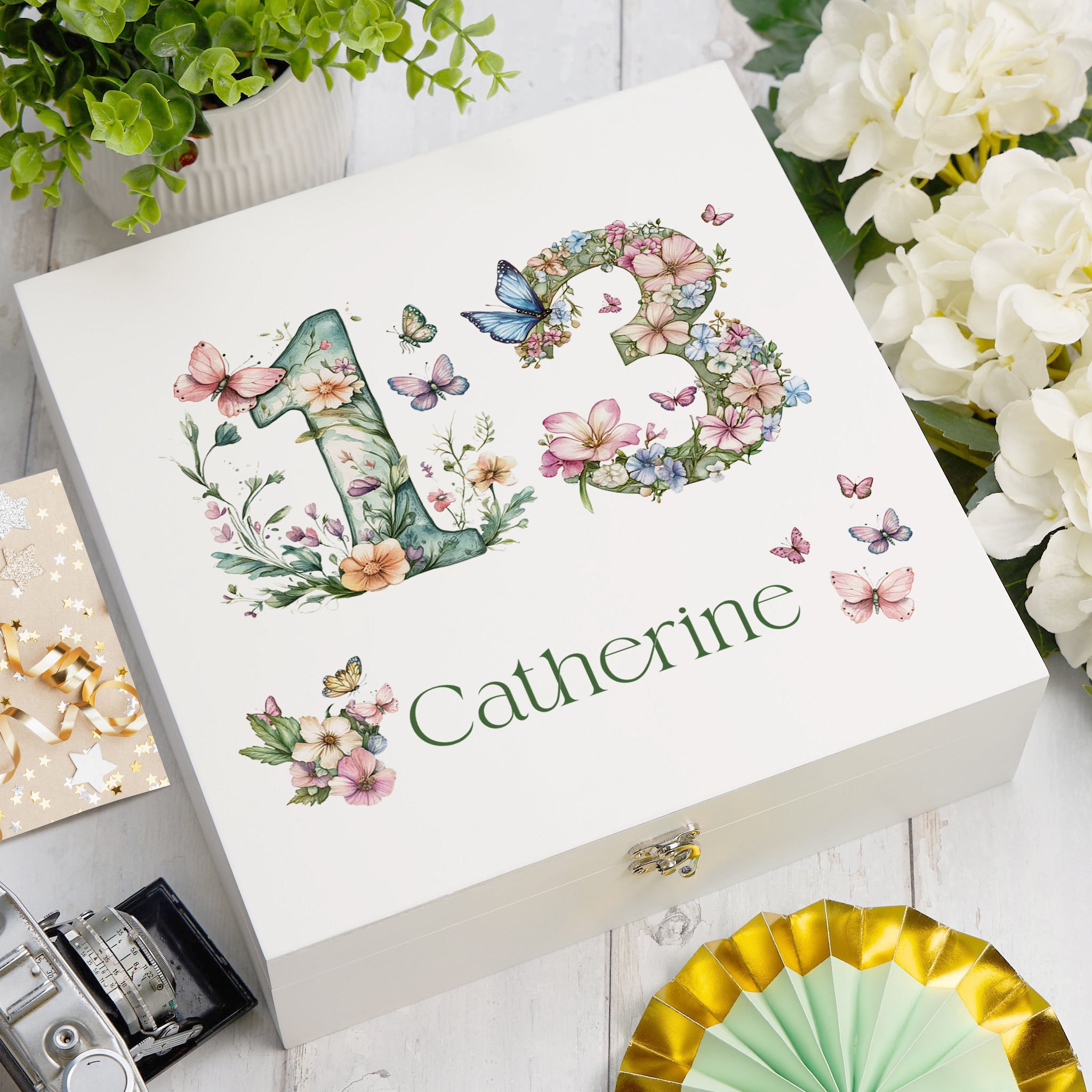 Personalised 13th Birthday Memory Box, Keepsake Box Gift With Flowers and Butterflies ukgiftstoreonline