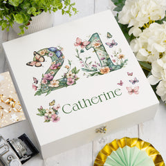 Personalised 21st Birthday Memory Box, Keepsake Box Gift With Flowers and Butterflies ukgiftstoreonline Wooden Box Medium