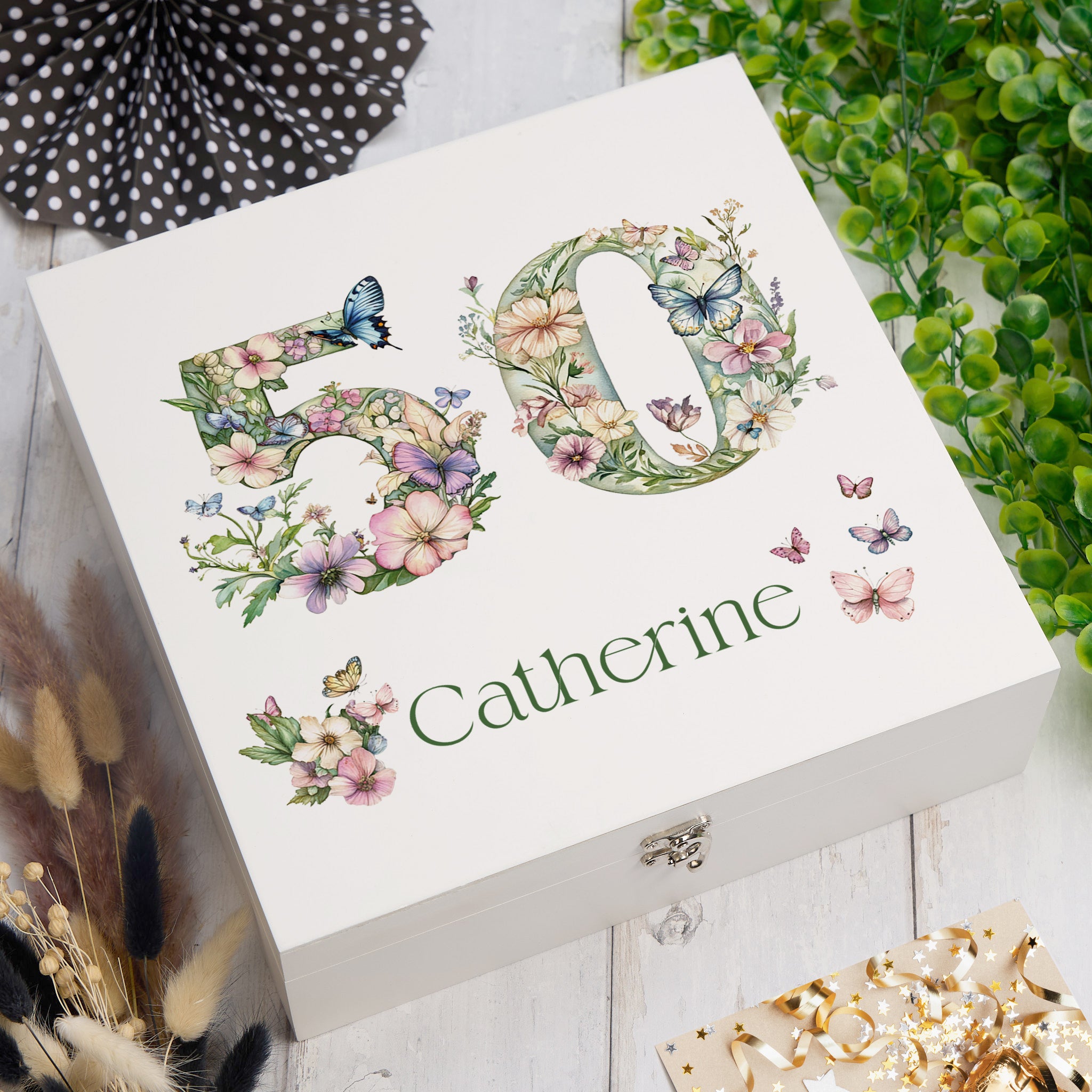 Personalised 50th Birthday Memory Box, Keepsake Box Gift With Flowers and Butterflies ukgiftstoreonline