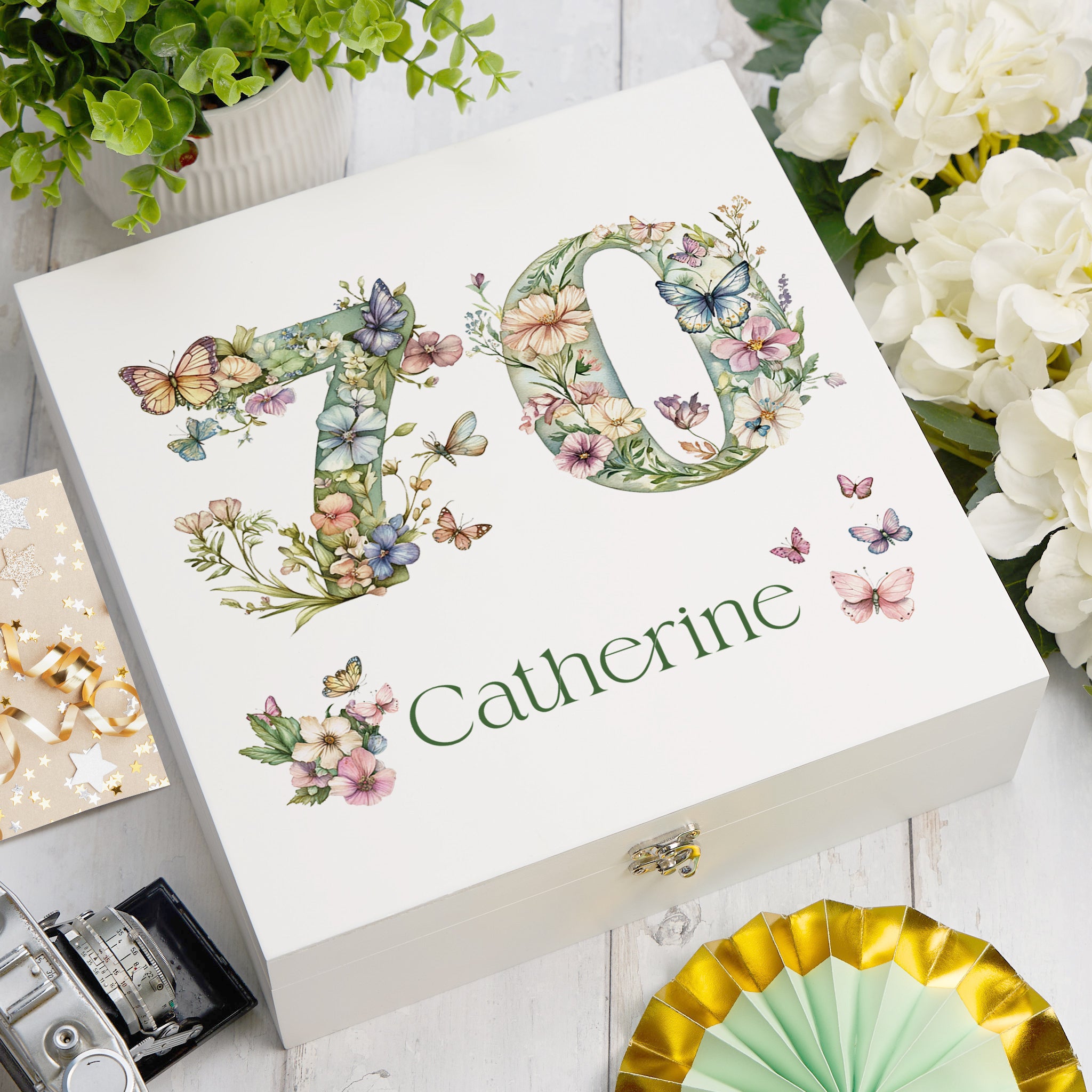 Personalised 70th Birthday Memory Box, Keepsake Box Gift With Flowers and Butterflies ukgiftstoreonline