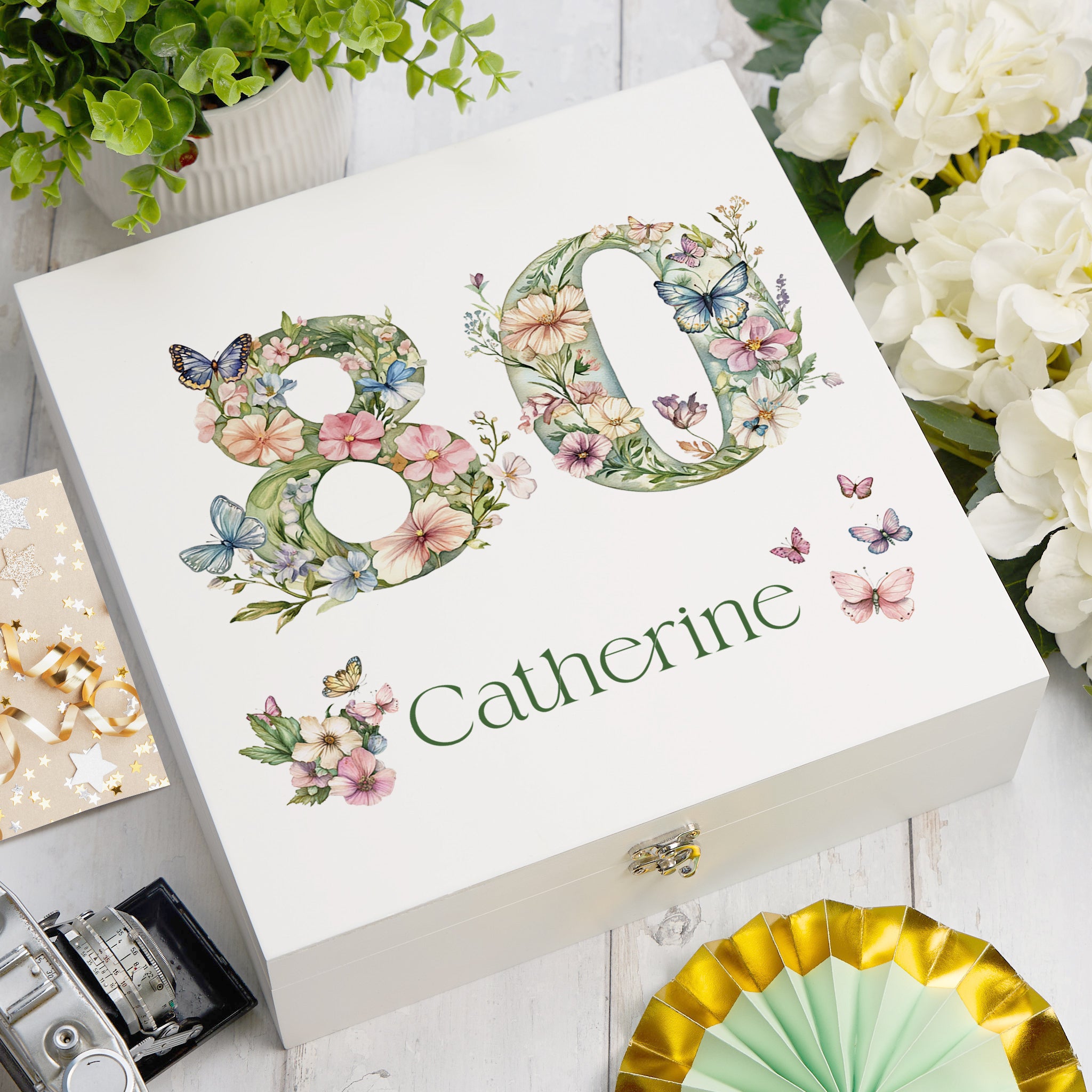 Personalised 80th Birthday Memory Box, Keepsake Box Gift With Flowers and Butterflies ukgiftstoreonline Wooden Box Medium