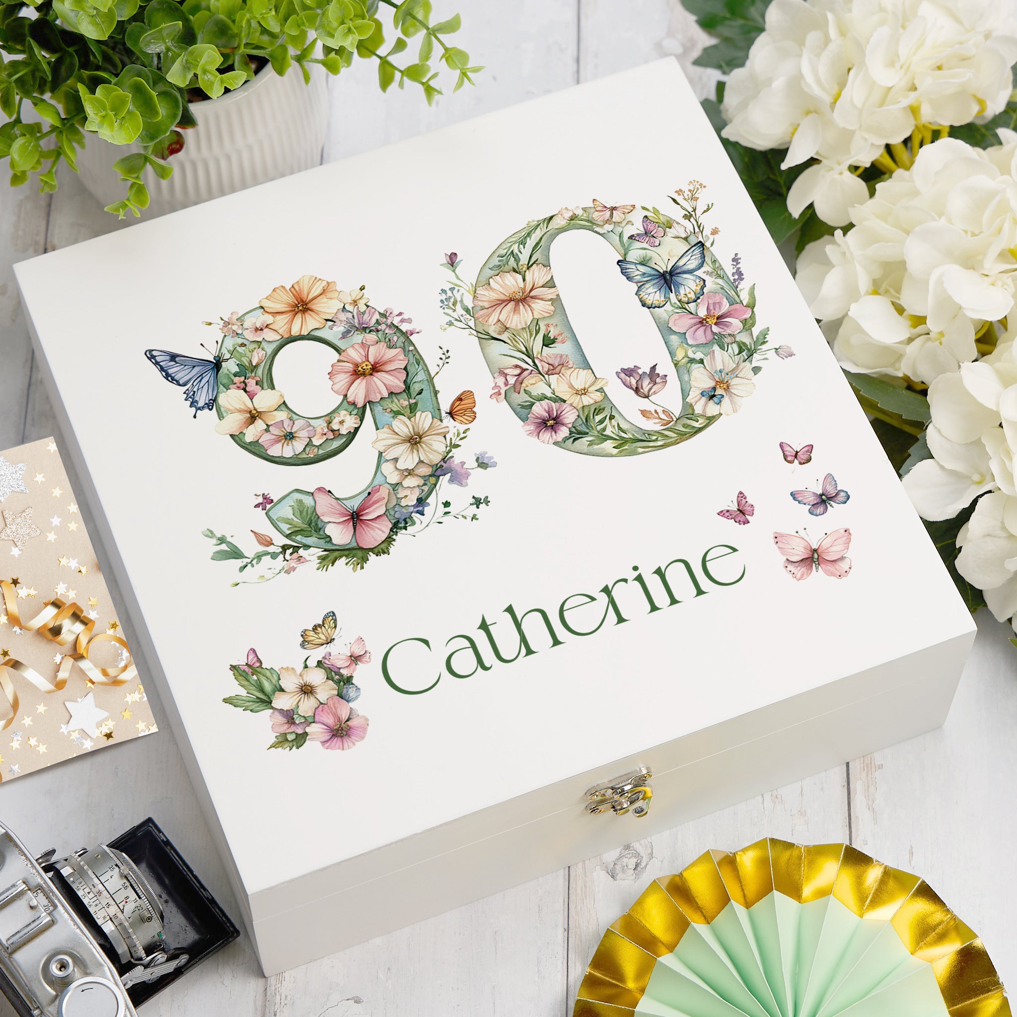 Personalised 90th Birthday Memory Box, Keepsake Box Gift With Flowers and Butterflies ukgiftstoreonline