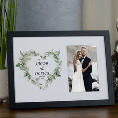 Personalised Wedding Photo Frame With Floral Green Heart