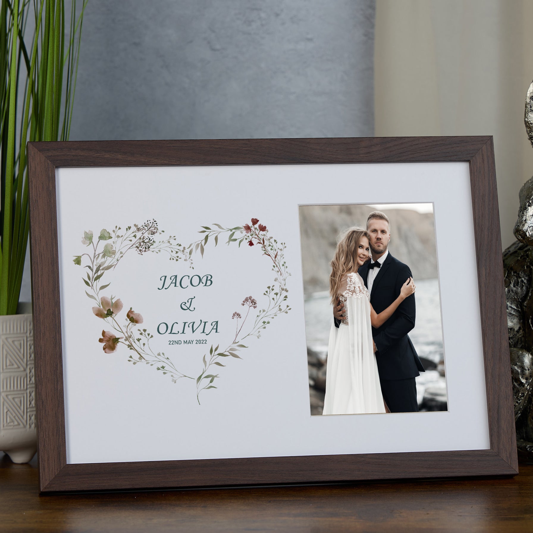 Personalised Wedding Photo Frame With Watercolour Floral Heart