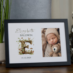 Personalised Elegant Baby Photo Frame Woodland Alphabet Design personalised photo frames ukgiftstoreonline Black