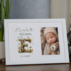 Personalised Elegant Baby Photo Frame Woodland Alphabet Design personalised photo frames ukgiftstoreonline White