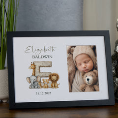 Personalised Elegant Wooden Baby Photo Frame Safari Animals Alphabet Design personalised photo frames ukgiftstoreonline Black