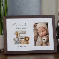 Personalised Elegant Wooden Baby Photo Frame Safari Animals Alphabet Design personalised photo frames ukgiftstoreonline Walnut