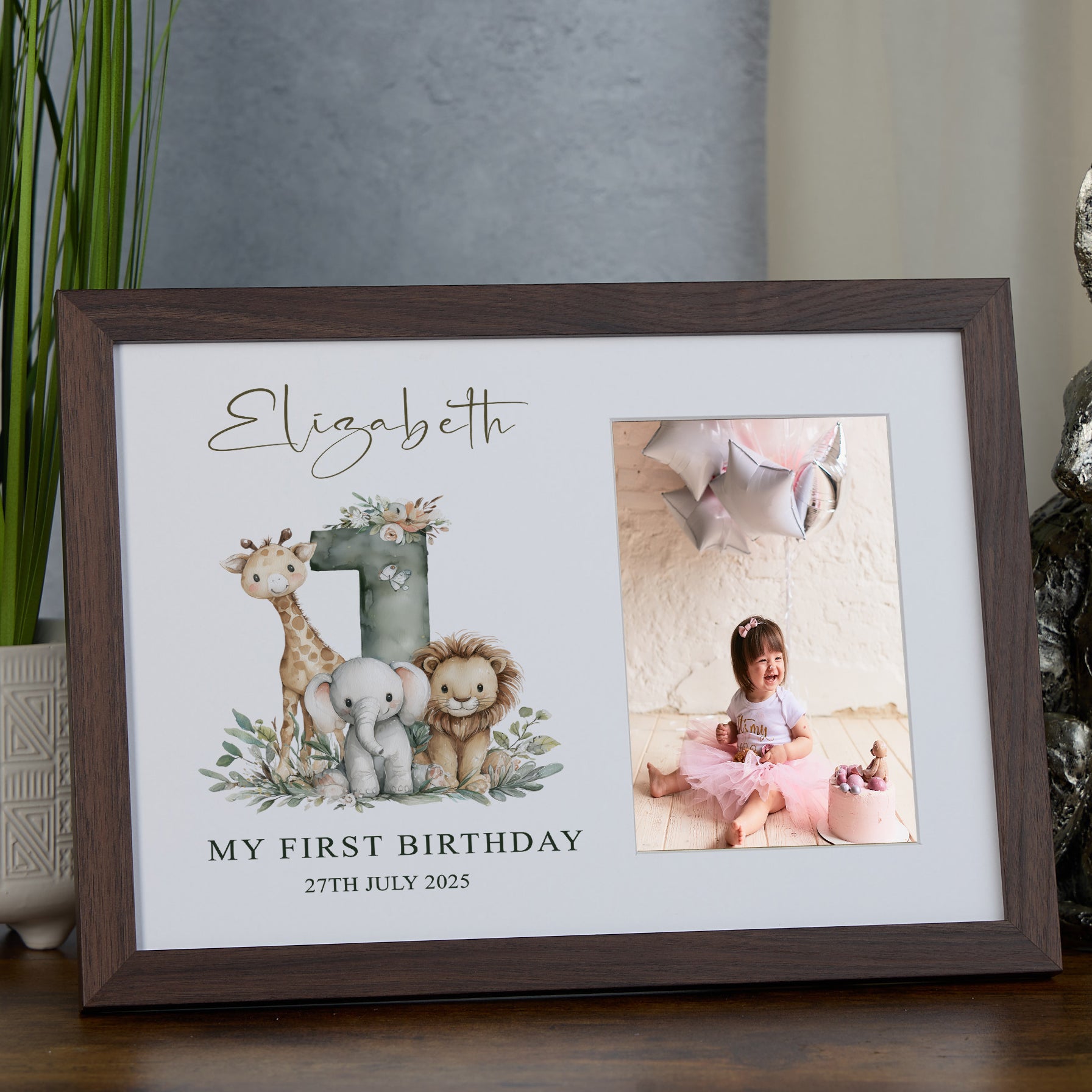 Personalised Elegant My First Birthday Baby Wooden Photo Frame Safari Animals Design personalised photo frames ukgiftstoreonline Walnut