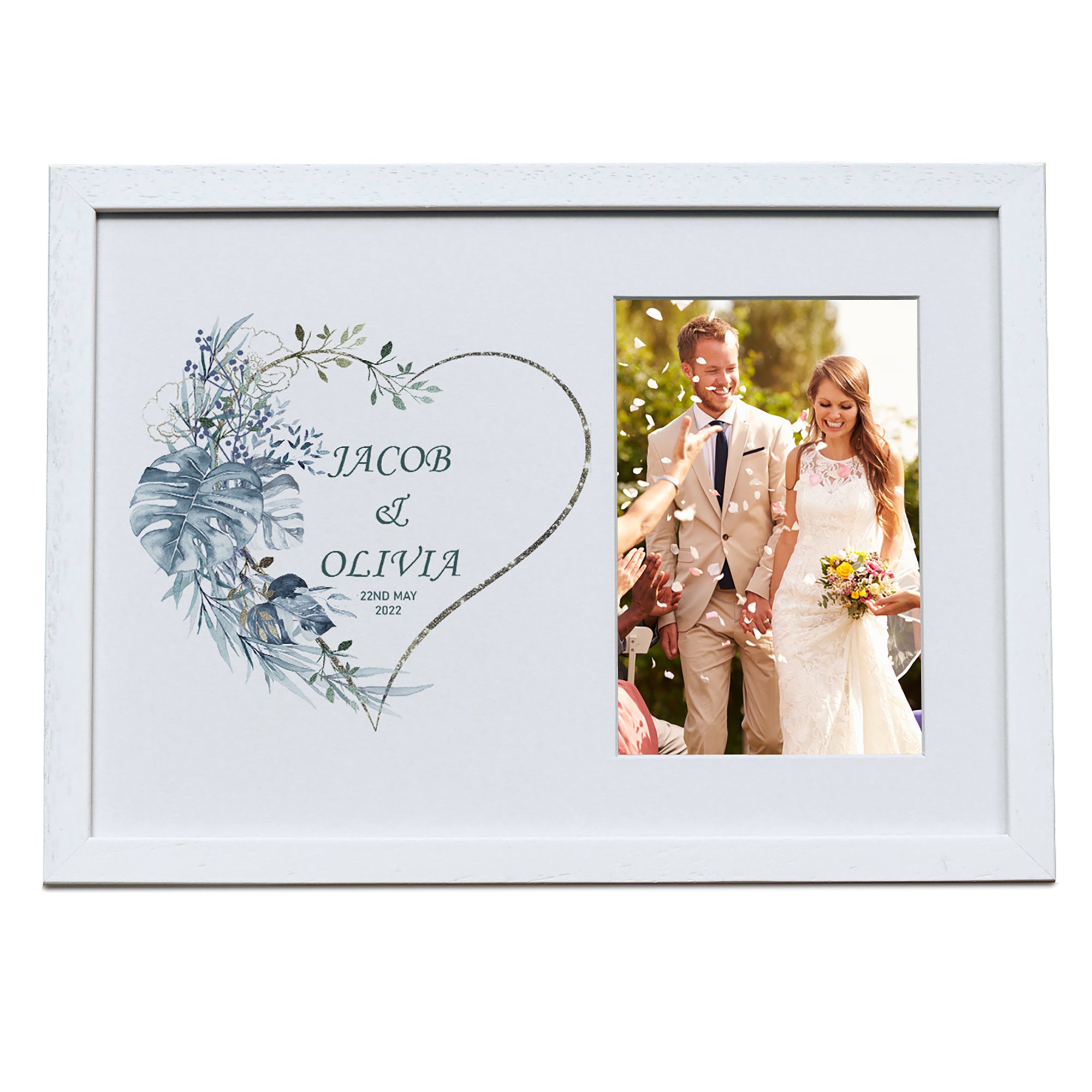 Personalised Wedding Photo Frame With Blue Tropical Palm Heart