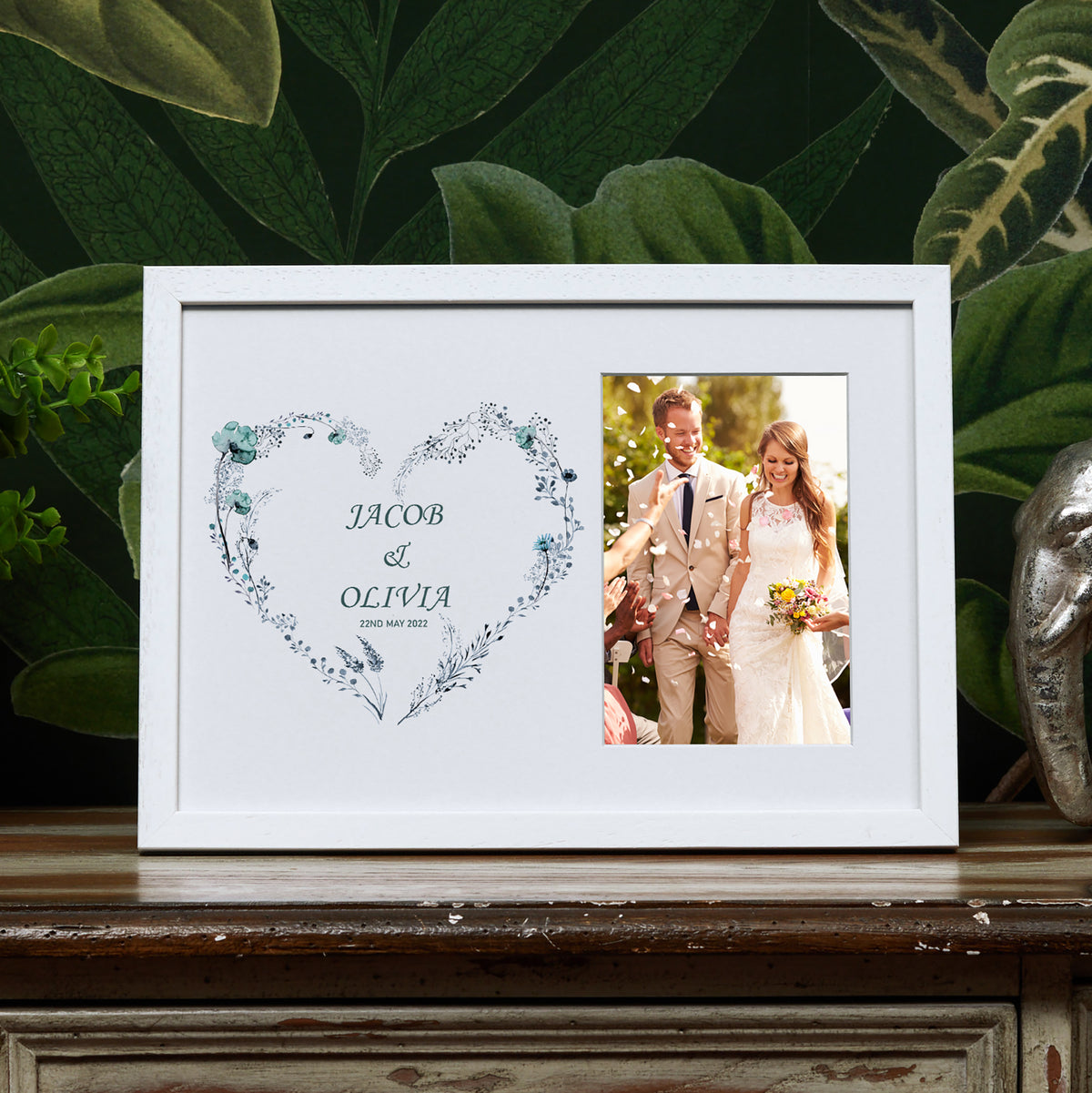 Personalised Wedding Photo Frame With Blue Floral Heart