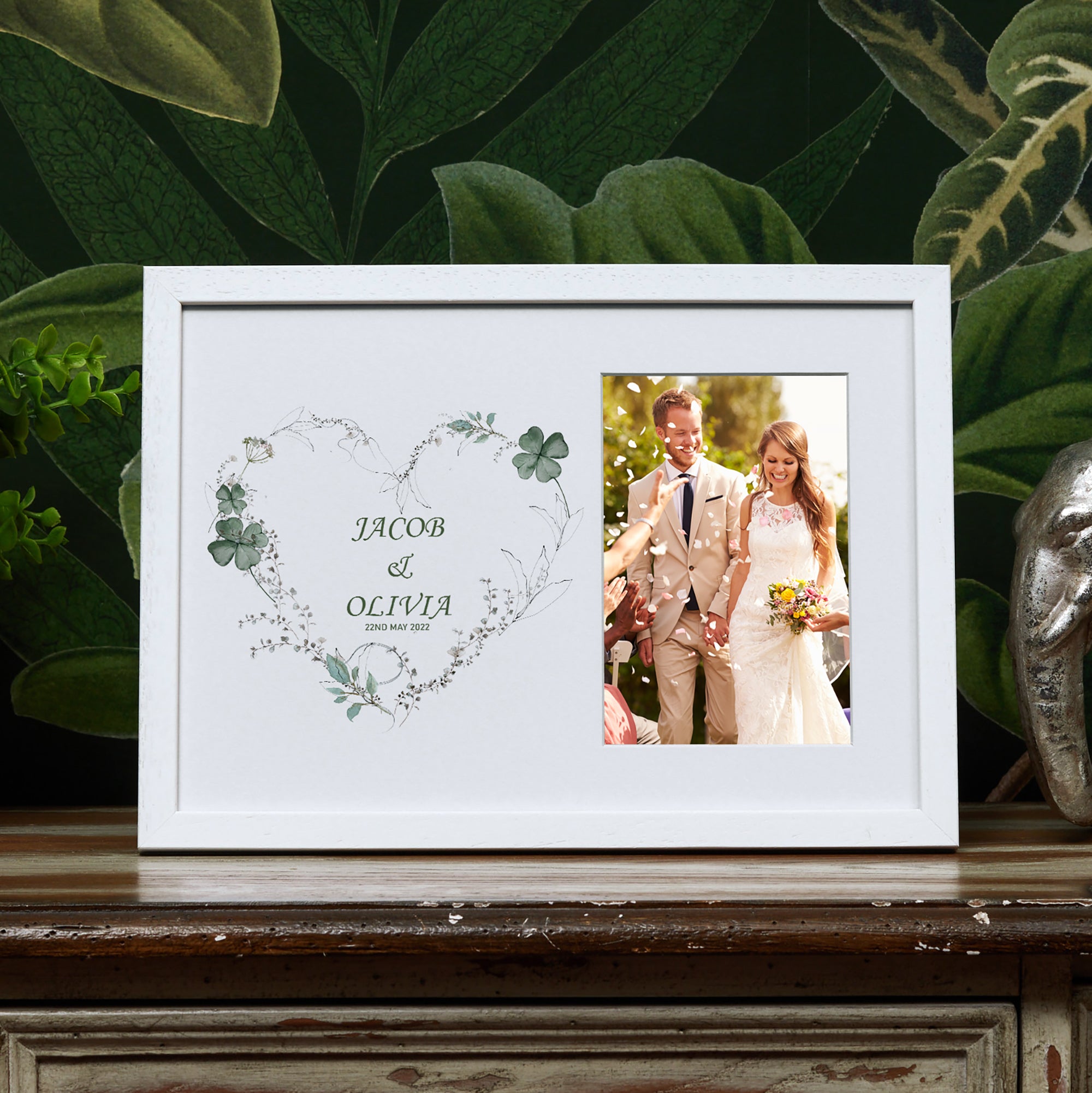 Personalised Wedding Photo Frame With Green Clover Leaf Heart