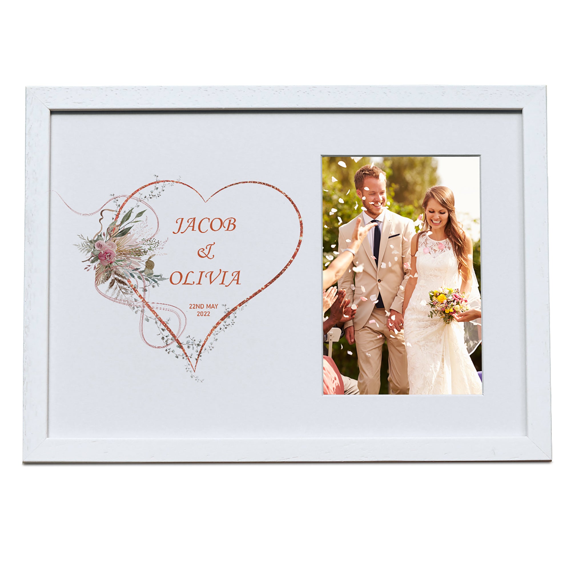 Personalised Wedding Photo Frame With Rose Gold Floral Heart
