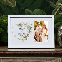Personalised Wedding Photo Frame With Gold Green Leaf Heart