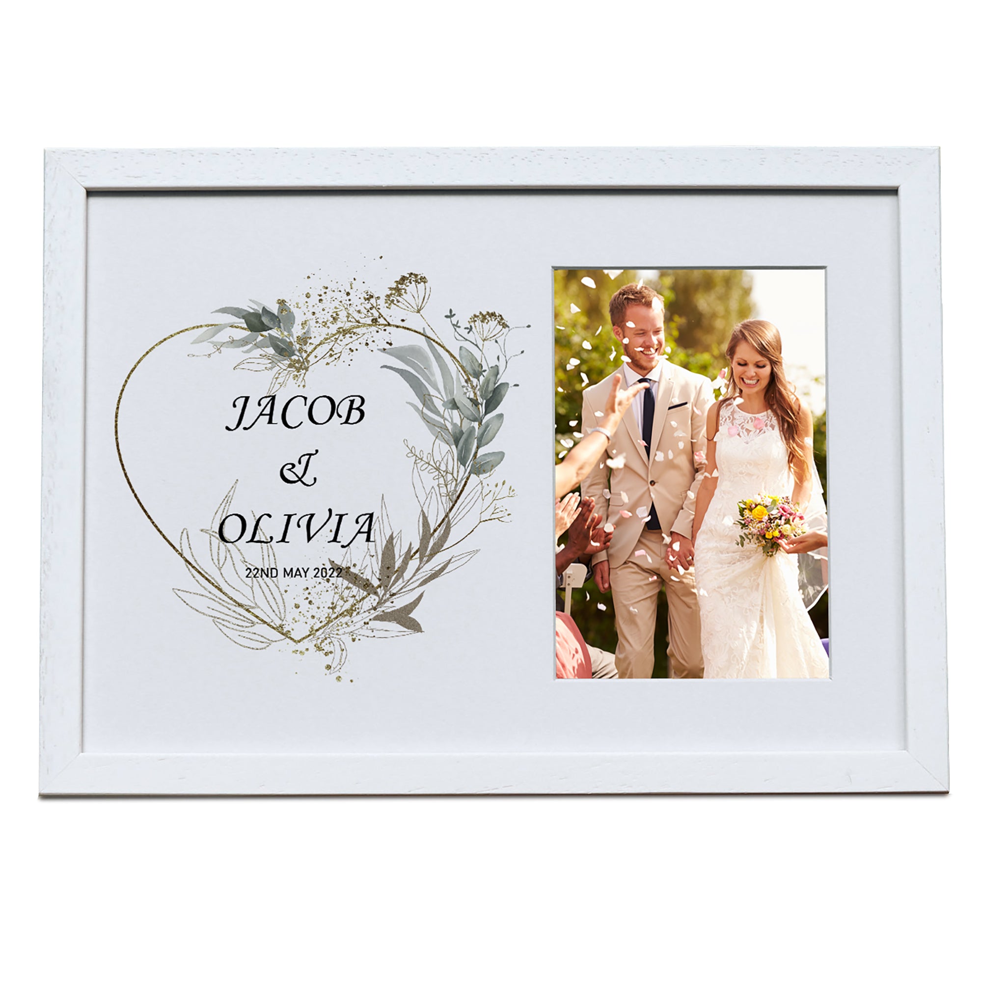 Personalised Wedding Photo Frame With Silver Green Leaf Heart