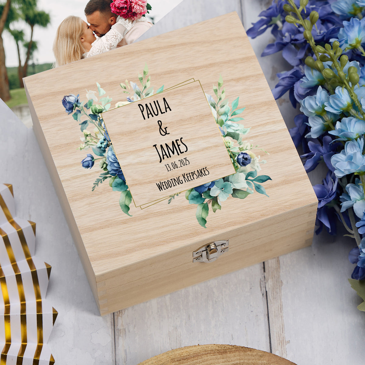 Personalised Wooden Wedding Keepsakes Memory Box Gift With a Blue Green Theme Keepsake Box ukgiftstoreonline