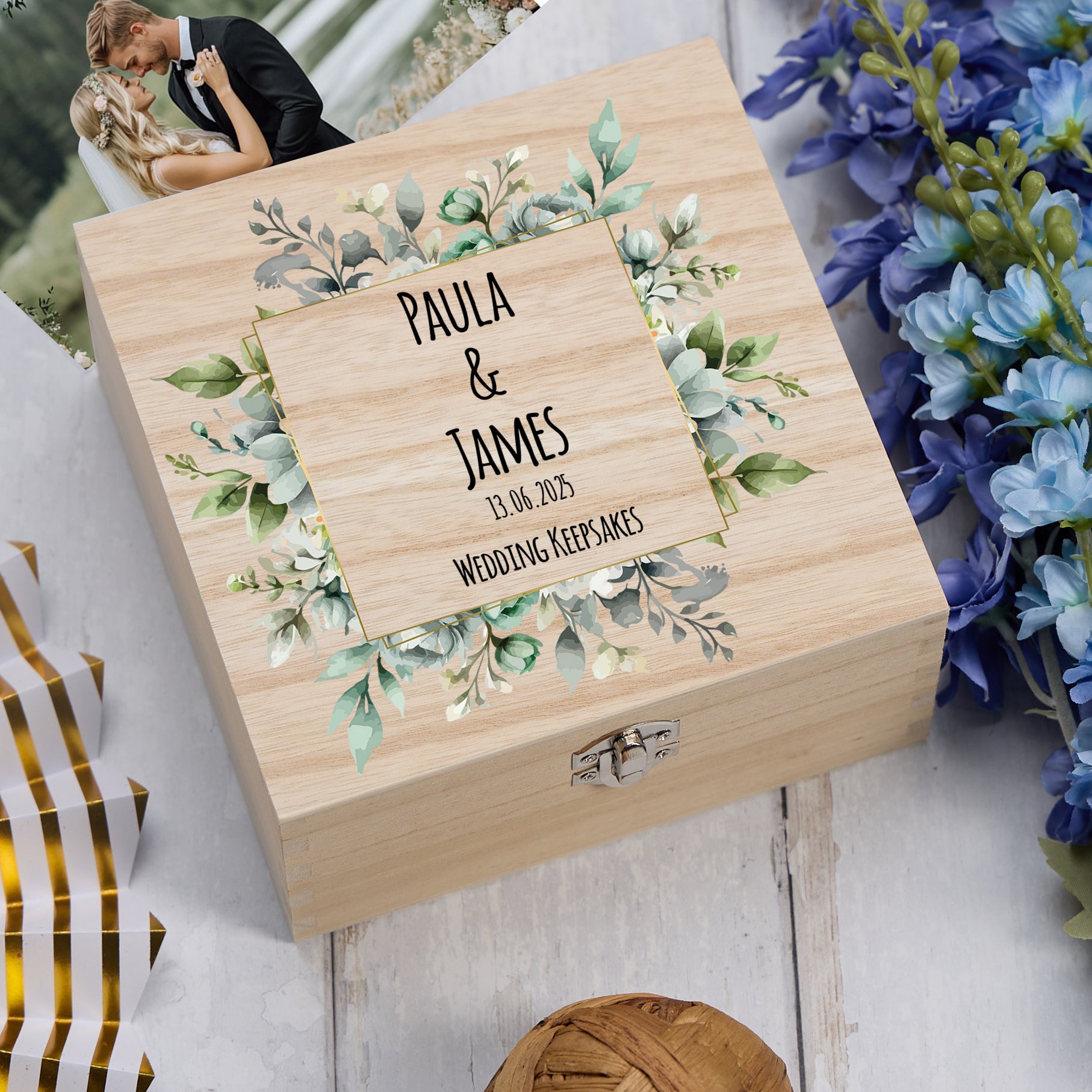 Personalised Wooden Wedding Keepsakes Memory Box Gift With Green Leaf Frame Keepsake Box ukgiftstoreonline