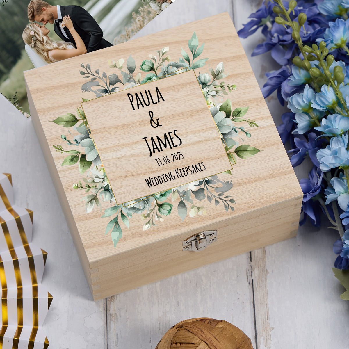 Personalised Wooden Wedding Keepsakes Memory Box Gift With Green Leaf Frame Keepsake Box ukgiftstoreonline