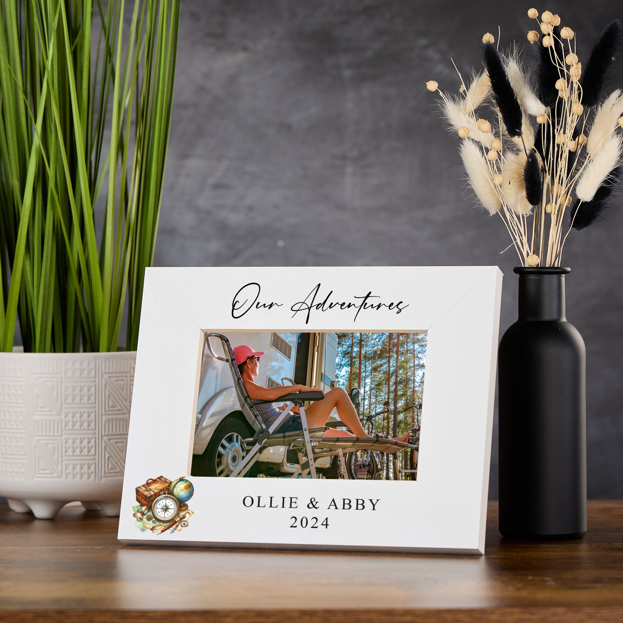Personalised Our Adventures White Photo Frame With Globe and Suitcase