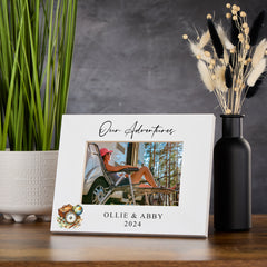 Personalised Our Adventures White Photo Frame With Globe and Suitcase