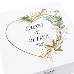 Personalised Luxury Wooden Wedding Box Keepsakes With  Gold Green Leaf Heart