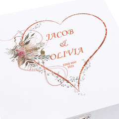 Personalised Luxury Wooden Wedding Box Keepsakes With Rose Gold Floral Heart