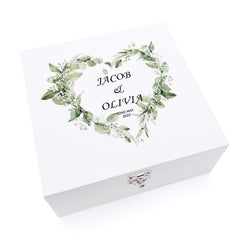 Personalised Luxury Wooden Wedding Box Keepsakes With Floral Green Heart