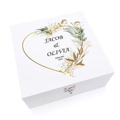 Personalised Luxury Wooden Wedding Box Keepsakes With  Gold Green Leaf Heart