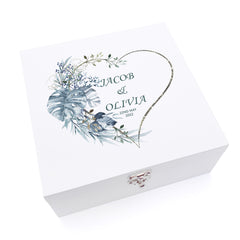 Personalised Luxury Wooden Wedding Box Keepsakes With Blue Tropical Heart