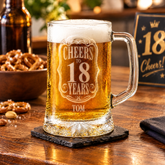 Cheers to 18 Years Birthday Gift Personalised Engraved Glass Beer Tankard personalised beer glass tankard ukgiftstoreonline