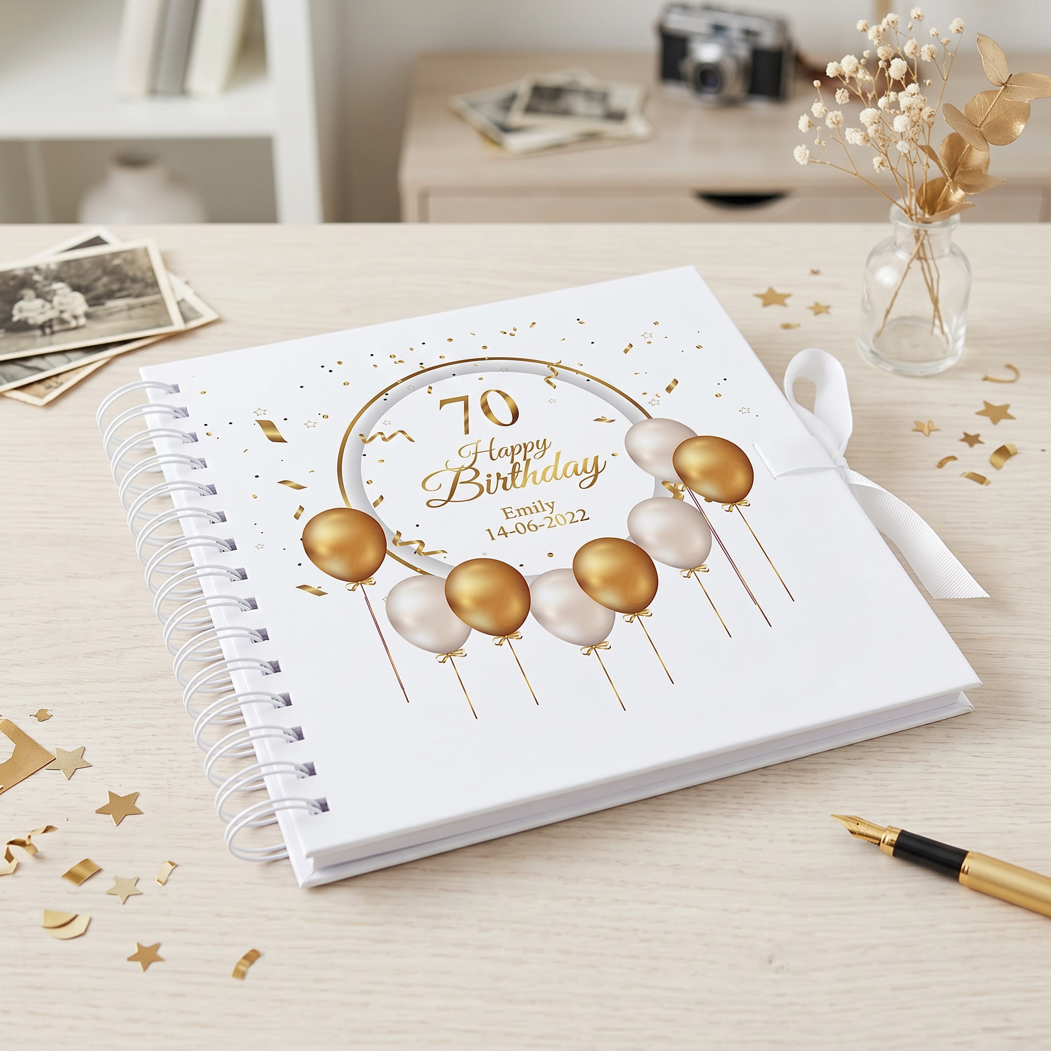 Personalised 70th Birthday Guest Book Scrapbook or Album Gold Balloons Scrapbook ukgiftstoreonline