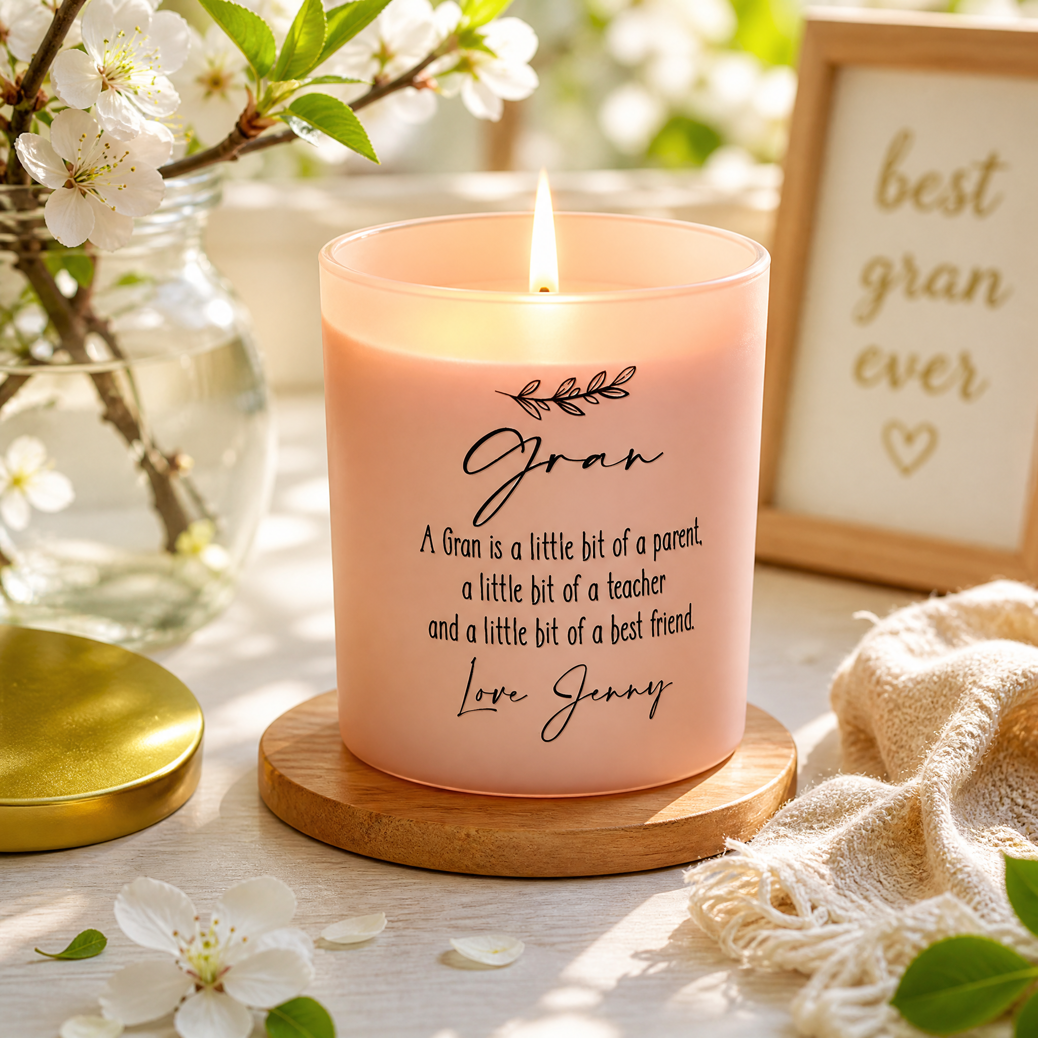 Personalised Jar Candle, Pink Frosted Glass Sentiment Gift For Gran personalised Candle Lights ukgiftstoreonline