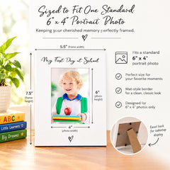 The image is a product advertisement for a 6 x 4" portrait photo frame. It features a young child holding a book and an apple, with dimensions and features listed. The frame is designed to fit a standard 6" x 4" portrait photo and has a mat-style border for a clean, classic look. It is intended for use on a tabletop display and is easy to back up for protection. The frame is also designed for 6 x 4" photos only.