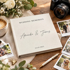 a wedding album titled "Wedding Memories" with the names "Amanda & James" written on it, placed on a wooden surface alongside various wedding-related items such as a camera, flowers, and photographs.