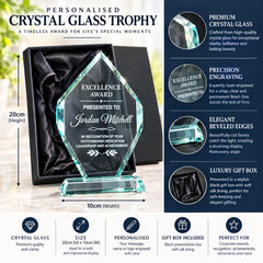 the crystal glass trophy is displayed in its presentation case