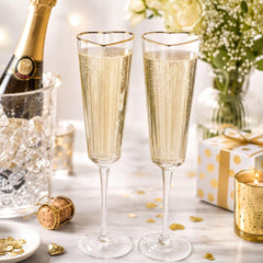 Two champagne flutes filled with sparkling champagne, a bottle of champagne, a gift box, a candle, and some gold confetti on a table.