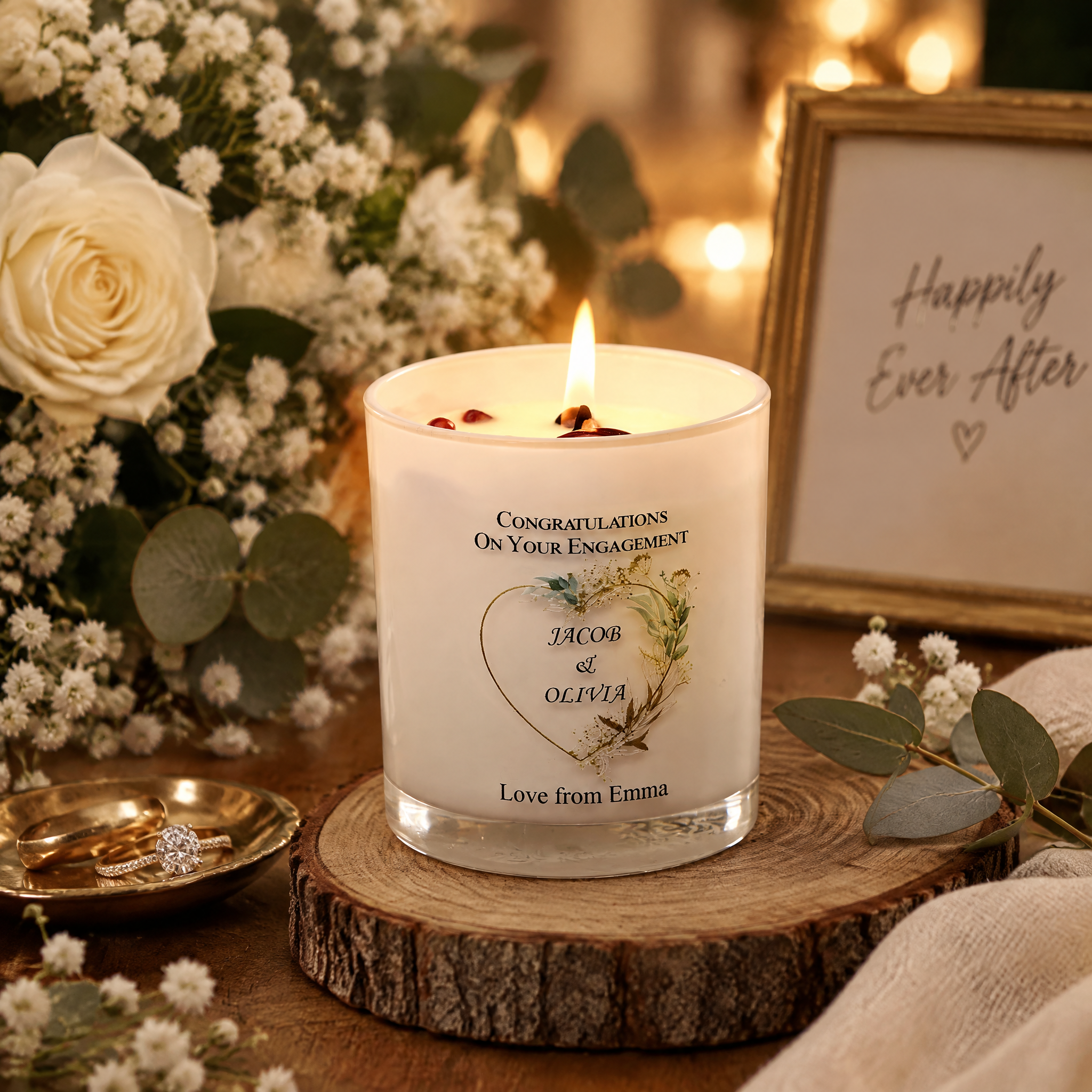 Personalised Engagement Candle, Gold Leaf Heart Gift For Couple Tea Light Holder ukgiftstoreonline