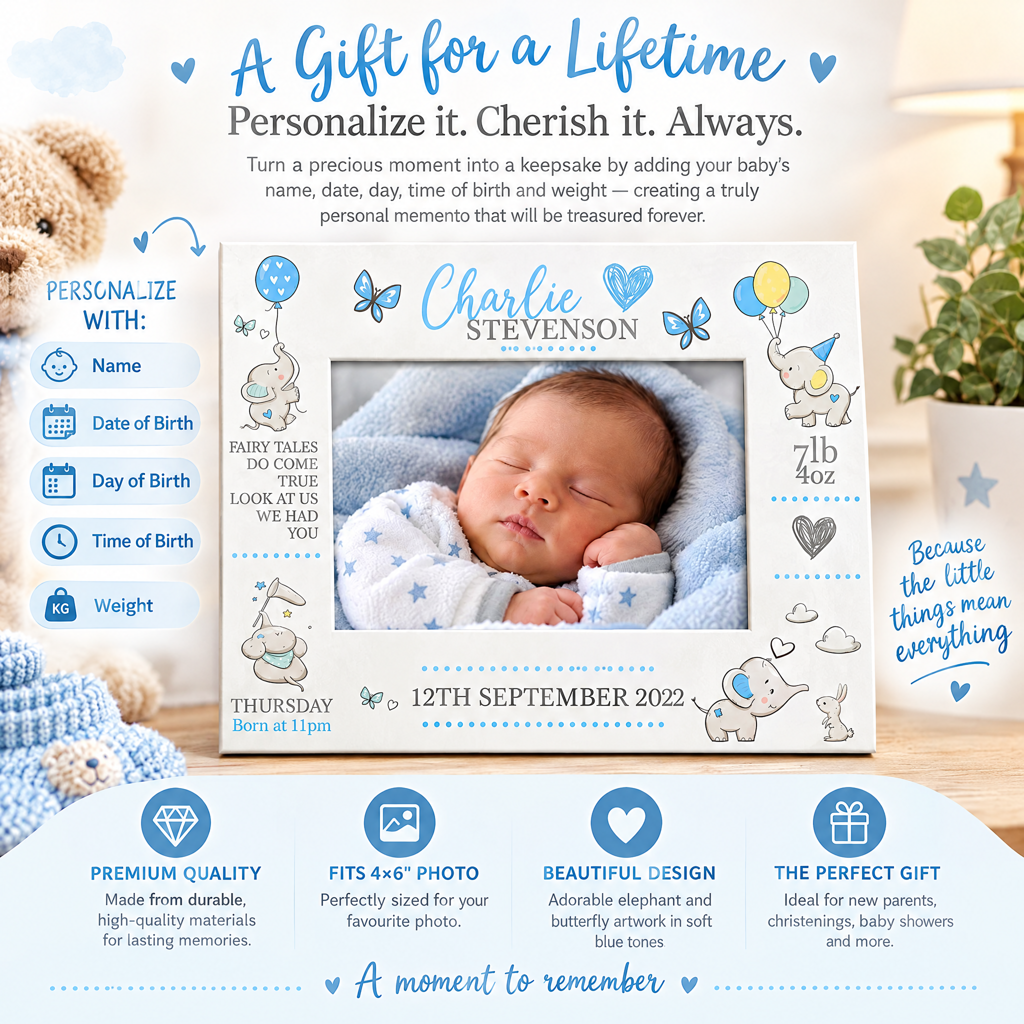 Personalised Baby Photo Frame, Boy Birth Details, Cute Elephant Photo Frame ukgiftstoreonline
