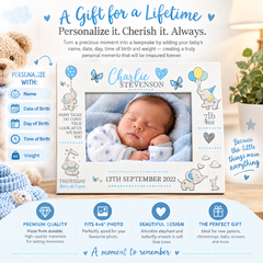 Personalised Baby Photo Frame, Boy Birth Details, Cute Elephant Photo Frame ukgiftstoreonline