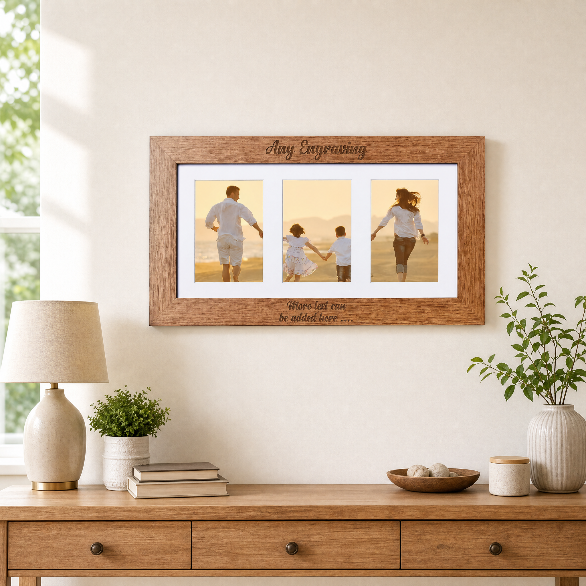Personalised Wooden Triple Photo 6 x 4 Frame Engraved Any Message Cursive personalised photo frames ukgiftstoreonline