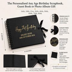 The image is a detailed description of a personalized birthday scrapbook, guest book, or photo album gift. It features a black and gold design, with a size of 8 inches. The scrapbook is personalized with a name and date, and it has a premium quality with a sturdy cover and wire binding. The scrapbook is blank black pages, allowing for the creation of special memories and messages. It is an elegant and thoughtful gift suitable for milestone birthdays.