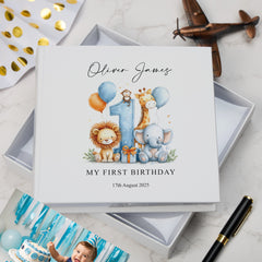 Personalised 1st birthday photo Album Boy or Girl Safari Theme In Gift Box