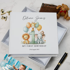 Personalised 1st birthday photo Album Boy or Girl Safari Theme In Gift Box